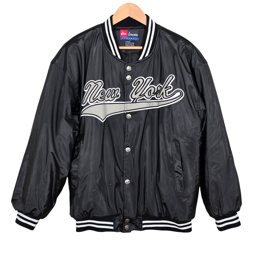 Jon Lauren Men's New York Varsity Black Insulated Bomber Jacket Snap Closure M